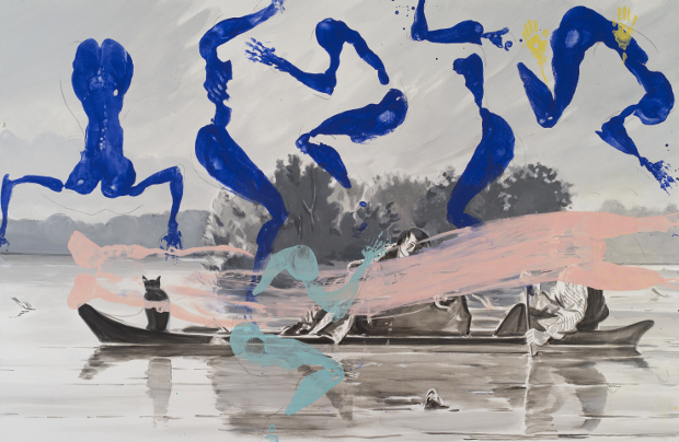 Trappers by David Salle, 2013  (acrylic on canvas, 84 x 129 inches). Courtesy of Maureen Paley Gallery