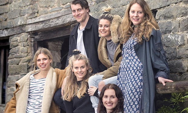 The acting company performing at the Hay Festival (see Katie Glass story). (L-R) Tara Postma (standing), Hugo Nicholson, Cressida Bonas, Zoe Stevens (sitting top), Zena Carswell (sitting front) and Florence Keith-Roach (standing) (28 May 2014)Photograph: Adrian Sherratt