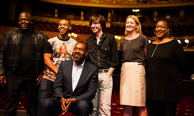 Lt-Rt: Joseph Roberts (Musical Director), Joivan Wade (Richie), Lenny Henry (Adam), Danny Robins (Writer), Libby Watson (Designer) and Paulette Randall (Director), Press Launch Monday 23 June 2014 for Rudy's Rare Records by Danny Robins, produced by Hackney Empire and Birmingham Repertory Theatre, Directed by Paulette Randall,  W
