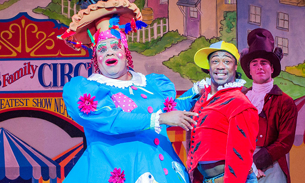 Clive Rowe as Mother Goose and Kat B as Billy Goose in Mother Goose at Hackney Empire. Photograph: Robert Workman 
