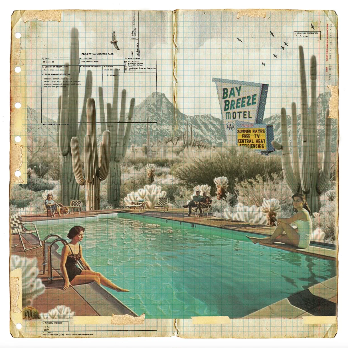 A vintage-style poster of a motel swimming pool surrounded by cactuses.