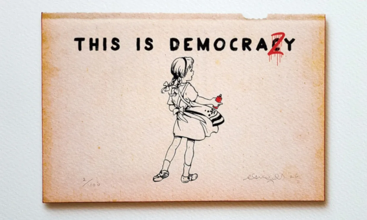 Vintage style print of a little girl standing next to some graffiti with a spray bottle. "This is Democrazy" reads the graffiti text.