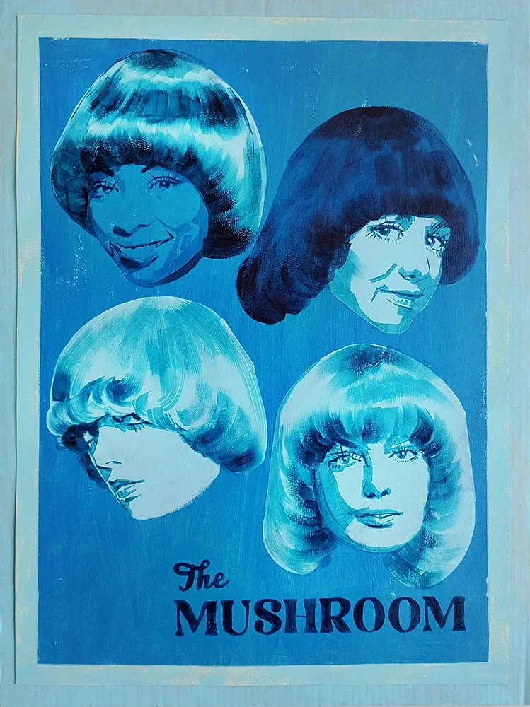 A vintage-style poster with various mushroom-shaped hairstyles.