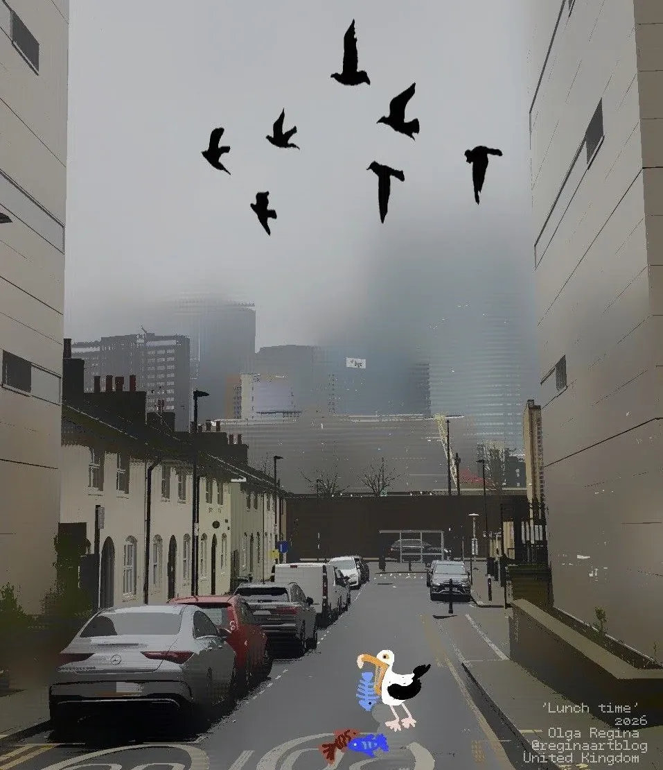 A manipulated photograph of a London street. An animated seagull eats fish on the road, while birds fly above. 