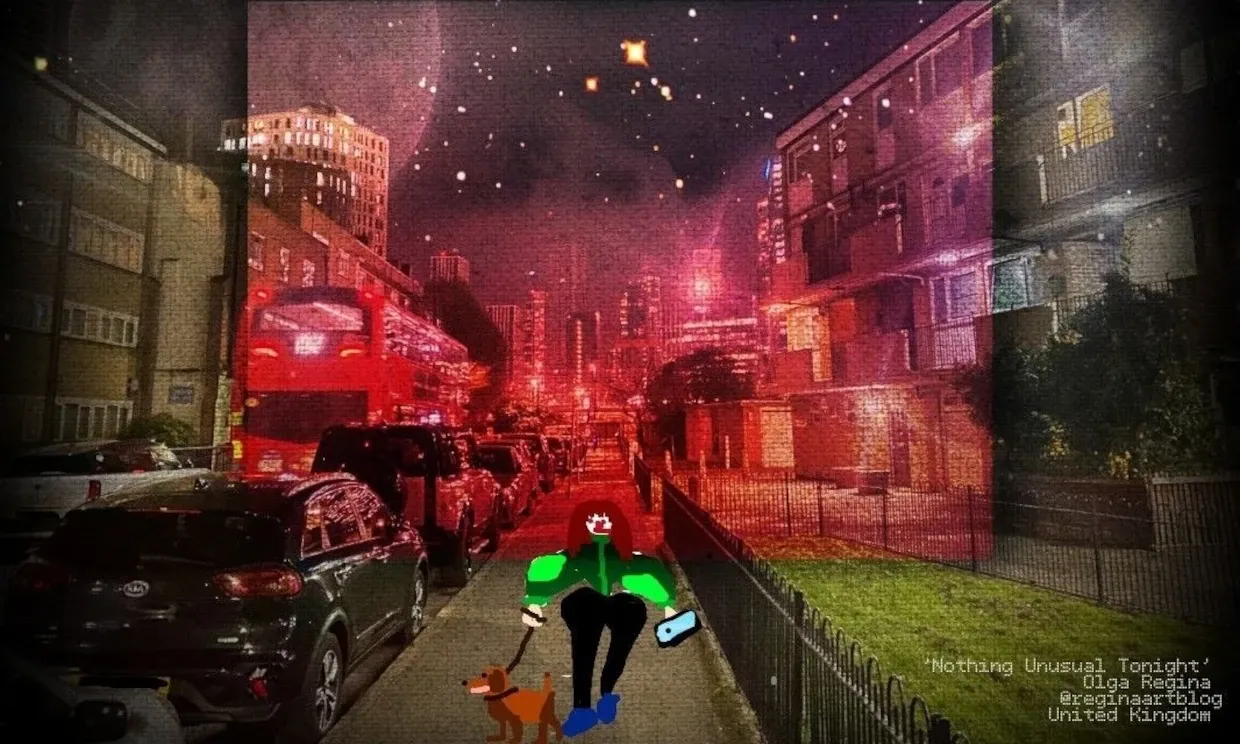 A photograph of a London street. A woman walks with her dog, there is a superimposed red block illuminating the piece.
