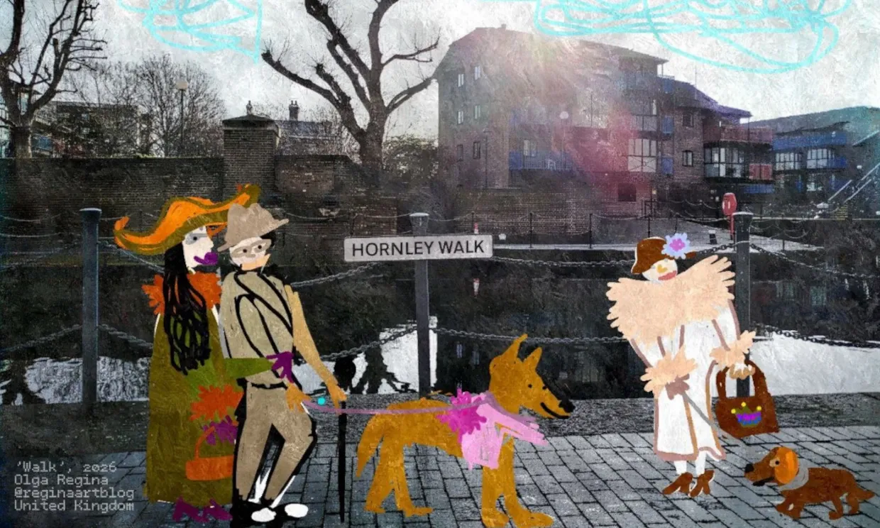A photograph of the dockside. Animated people walk their dogs on the pavement.