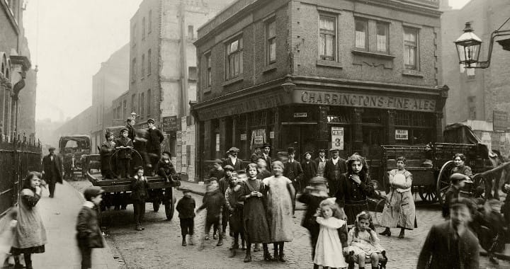 Detail of a photograph by C.A. Mathews of Crispin Street looking towards Spitalfields Market and Dorset Street.