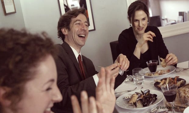 Eva Feiler as Manuela, Michael Colgan as Anton and Amanda Hale as Thekla in Eldorado at the Arcola Theatre