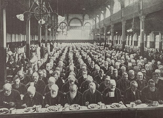 Men at dinner in a St Marylebone Workhouse, c.1900. Credit: Geffrye Museum