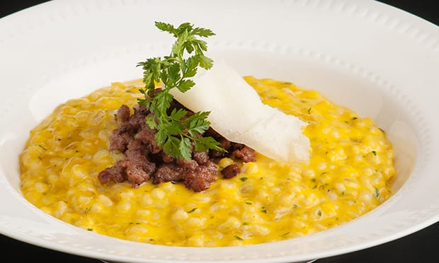 Italian job: 'Delica' pumpkin and barley risotto with crispy salsiccia at Il Cudega