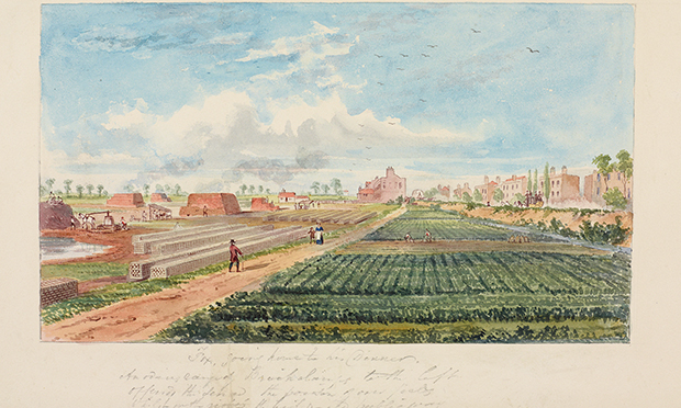 Watercolour of Kingsland Road in 1852, by C.H Matthews, showing market gardens on the right. Published in The Gardens of the British Working Class by Margaret Willes